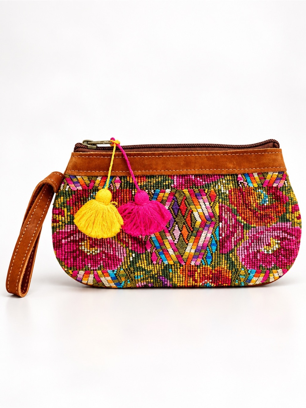 Nena & Co Artisan Embroidered Boho Wristlet Clutch w/ Leather Trim & Tassels